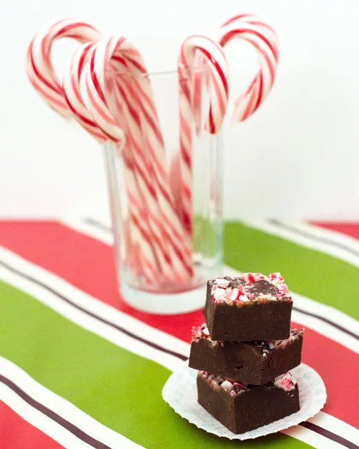 Easy, no-bake five-ingredient peppermint mocha fudge makes a delicious holiday party treat, or a sweet homemade gift. #ChristmasWeek TheRedheadBaker.com