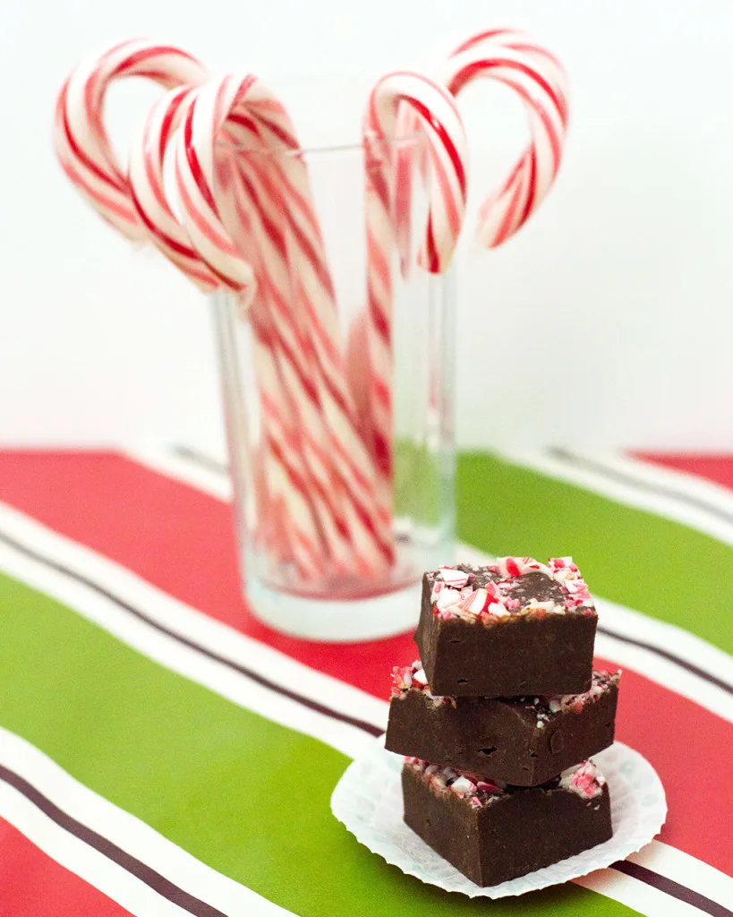 Easy, no-bake five-ingredient peppermint mocha fudge makes a delicious holiday party treat, or a sweet homemade gift. #ChristmasWeek TheRedheadBaker.com