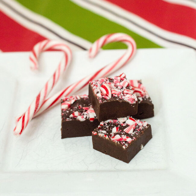 Easy, no-bake five-ingredient peppermint mocha fudge makes a delicious holiday party treat, or a sweet homemade gift. #ChristmasWeek TheRedheadBaker.com