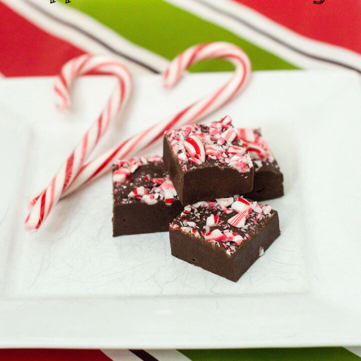 Easy, no-bake five-ingredient peppermint mocha fudge makes a delicious holiday party treat, or a sweet homemade gift. #ChristmasWeek TheRedheadBaker.com
