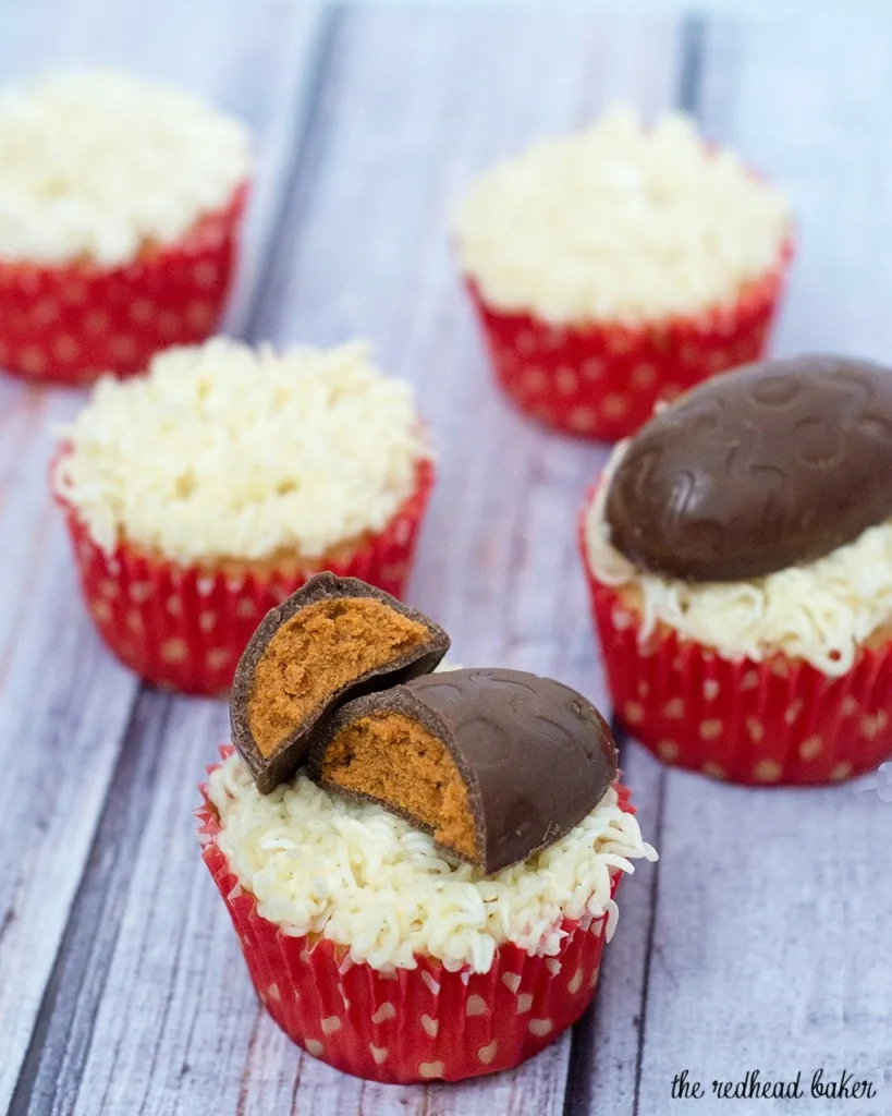 Turn your favorite cupcake recipe into these adorable Easter Basket Cupcakes, topped with @BUTTERFINGER® NestEggs! Kids of all ages will love them! #EggcellentTreats