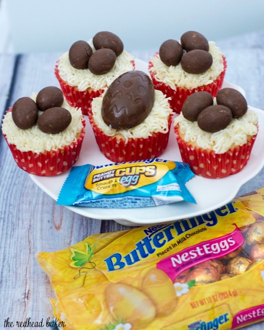 Turn your favorite cupcake recipe into these adorable Easter Basket Cupcakes, topped with @BUTTERFINGER® NestEggs! Kids of all ages will love them! #EggcellentTreats