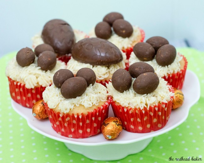 Turn your favorite cupcake recipe into these adorable Easter Basket Cupcakes, topped with @BUTTERFINGER® NestEggs! Kids of all ages will love them! #EggcellentTreats