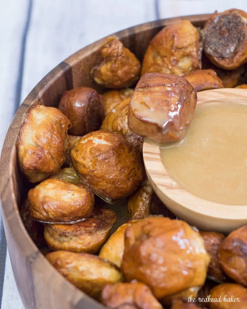 Pretzel bites with honey mustard dip are a versatile snack for kids of all ages. Enjoy a few any time you need a sweet-and-salty snack! #ProgressiveEats TheRedheadBaker.com