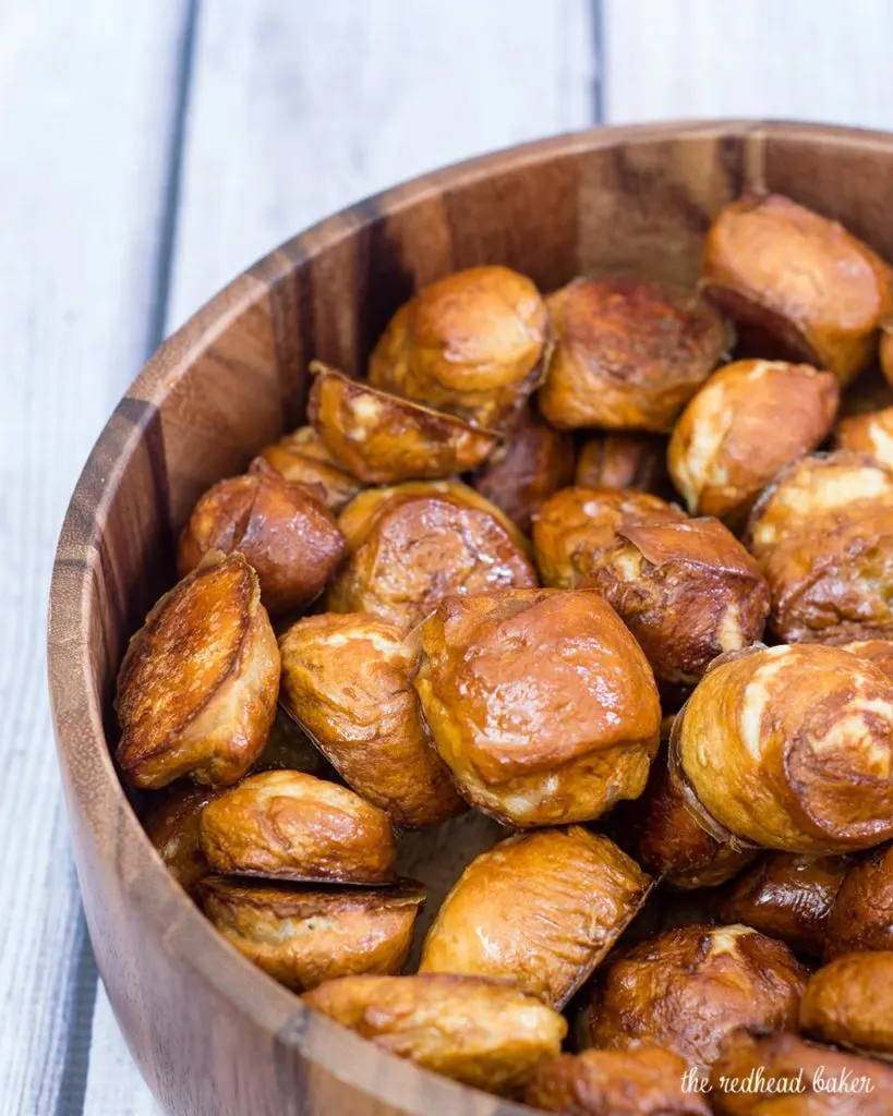 Pretzel bites with honey mustard dip are a versatile snack for kids of all ages. Enjoy a few any time you need a sweet-and-salty snack! #ProgressiveEats TheRedheadBaker.com