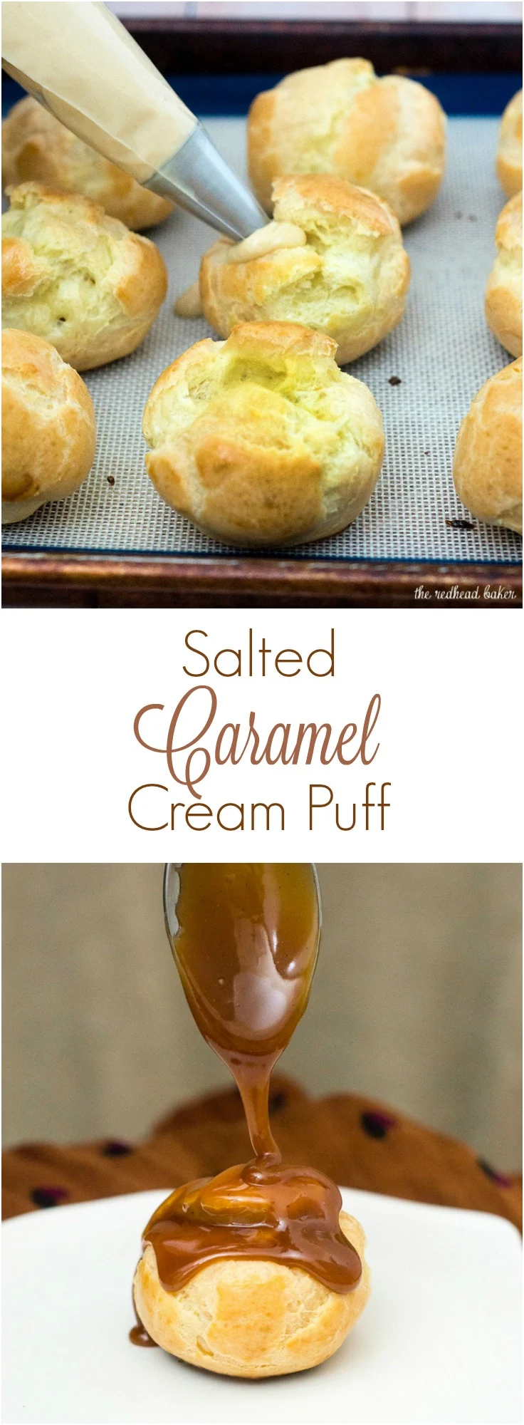 Finger food can be dessert, too! Bite-size salted caramel cream puffs are the perfect balance of salty and sweet flavors. #SundaySupper TheRedheadBaker.com