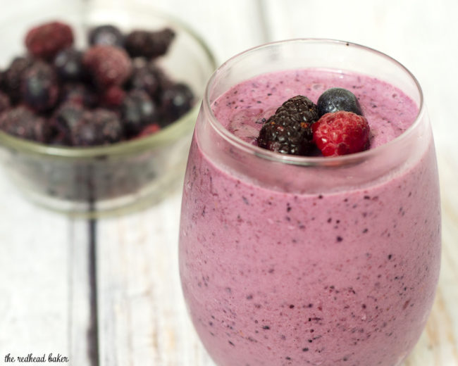 This simple, healthy 3-ingredient berry-vanilla smoothie is the perfect breakfast on-the-go for adults and kids alike. Use your favorite combo of berries! #CLBlogger TheRedheadBaker.com