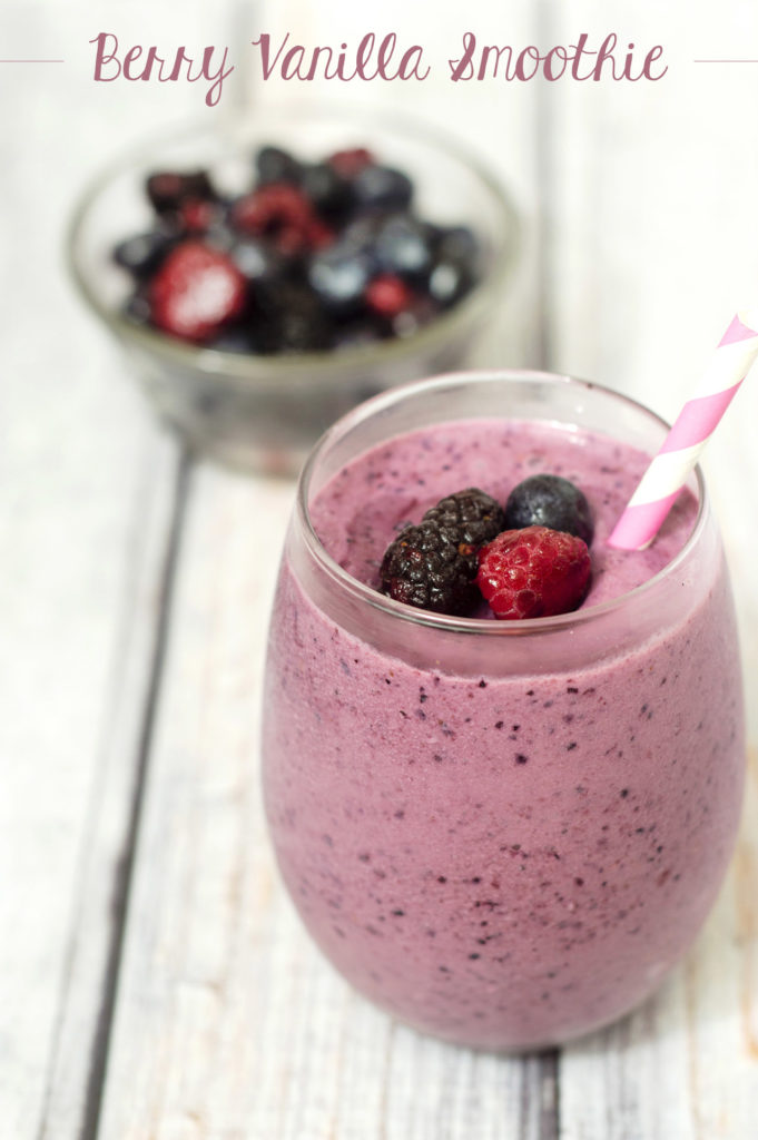 This simple, healthy 3-ingredient berry-vanilla smoothie is the perfect breakfast on-the-go for adults and kids alike. Use your favorite combo of berries! #CLBlogger TheRedheadBaker.com