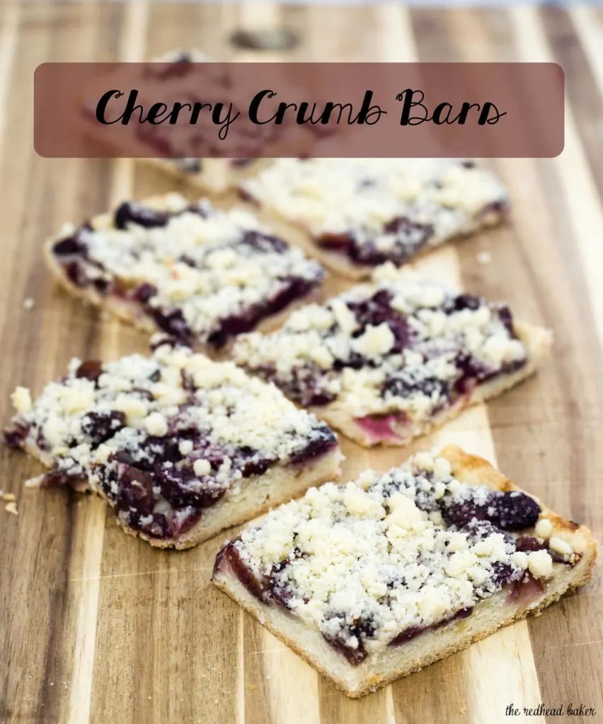 Cherry crumb bars are reminiscent of an American classic, cherry pie, but are less messy, so they're perfect for a potluck or picnic! #SundaySupper TheRedheadBaker