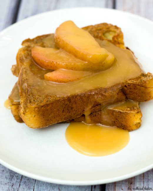 Rich slices of French toast are topped with vanilla-apple compote and caramel syrup. The compote and syrup can be made ahead and rewarmed before serving. #BrunchWeek TheRedheadBaker.com