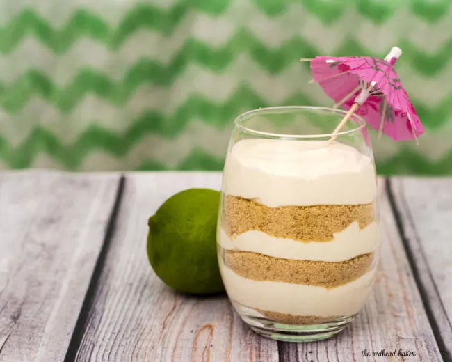 Key lime pie parfaits &mdash; all the flavor of the pie without the work! This no-bake layered dessert is quick and easy to make. #BrunchWeek TheRedheadBaker.com