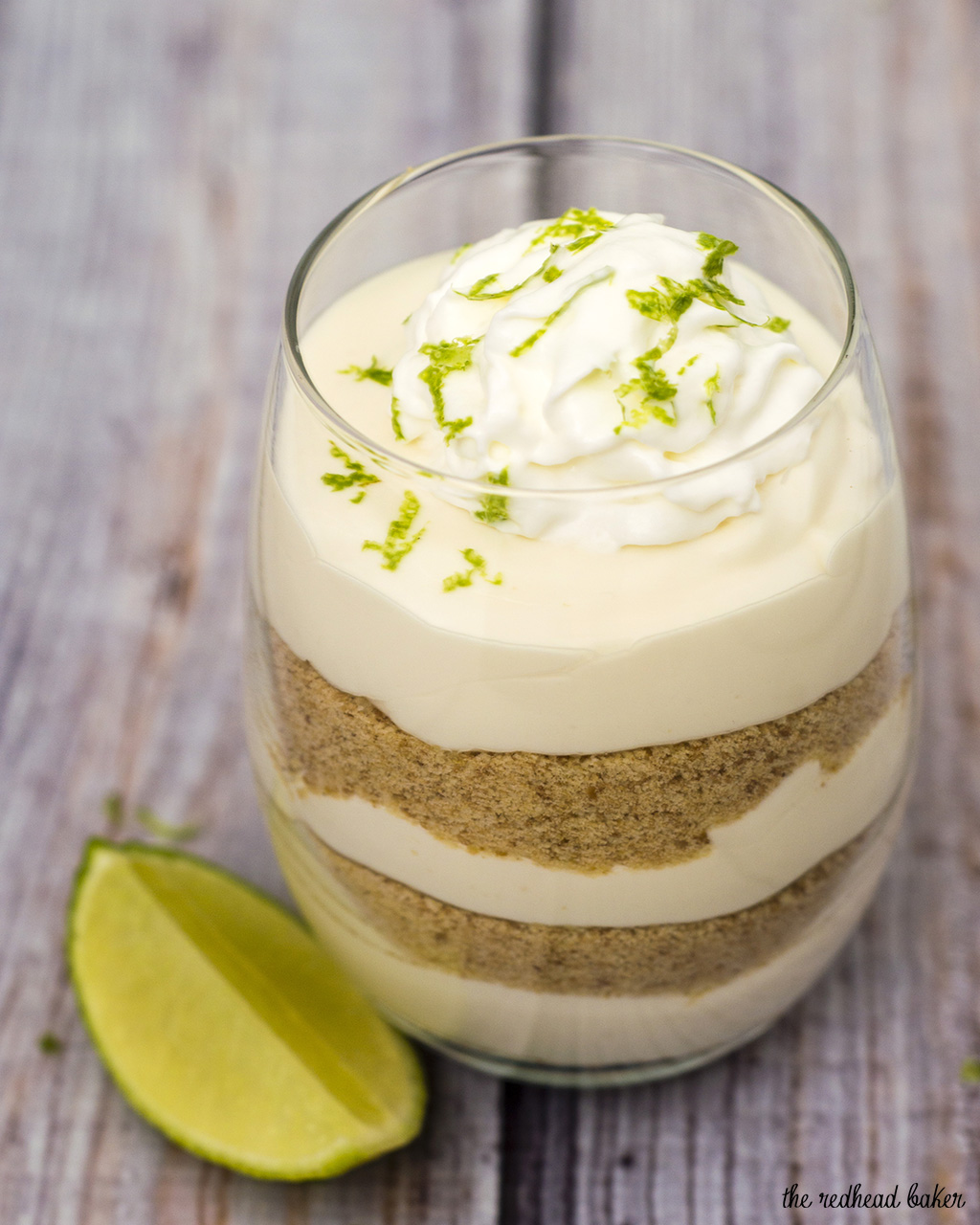 Key lime pie parfaits — all the flavor of the pie without the work! This no-bake layered dessert is quick and easy to make. #BrunchWeek TheRedheadBaker.com