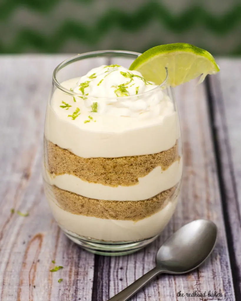 Key lime pie parfaits — all the flavor of the pie without the work! This no-bake layered dessert is quick and easy to make. #BrunchWeek TheRedheadBaker.com