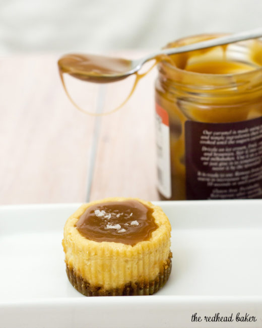 Finish off a tapas-style meal with mini dulce de leche cheesecakes — individual-sized creamy caramel-flavored cheesecakes with a cinnamon-crumb crust. #SundaySupper TheRedheadBaker.com