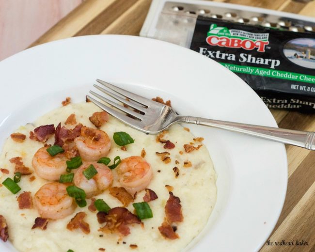 Shrimp and grits are a traditional southern breakfast. Sauteed shrimp are served over grits flavored with sharp Cabot cheddar cheese. #BrunchWeek TheRedheadBaker.com