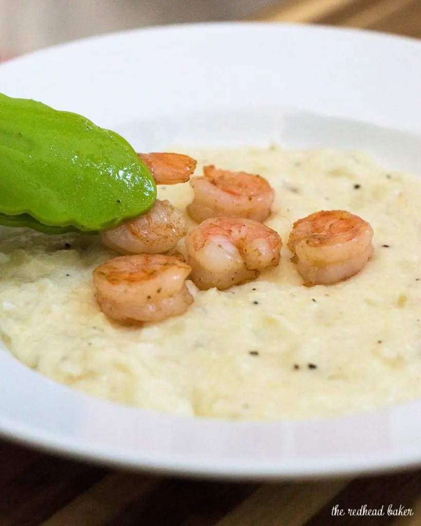 Shrimp and grits are a traditional southern breakfast. Sauteed shrimp are served over grits flavored with sharp Cabot cheddar cheese. #BrunchWeek TheRedheadBaker.com