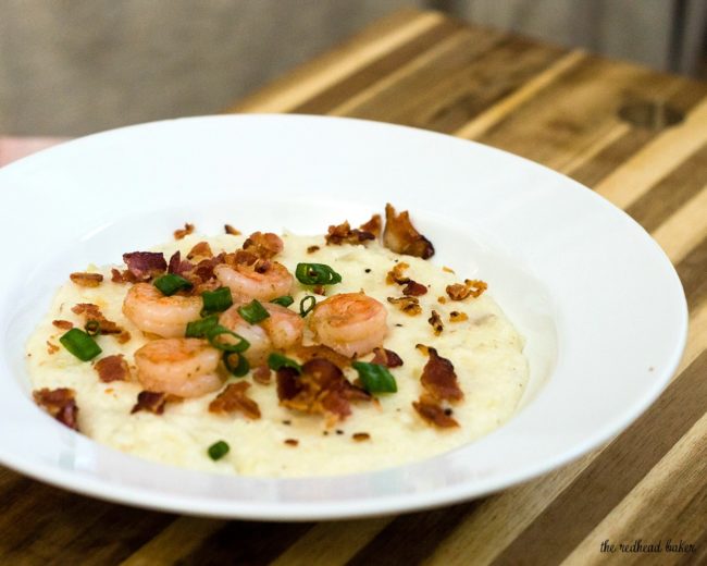 Shrimp and grits are a traditional southern breakfast. Sauteed shrimp are served over grits flavored with sharp Cabot cheddar cheese. #BrunchWeek TheRedheadBaker.com