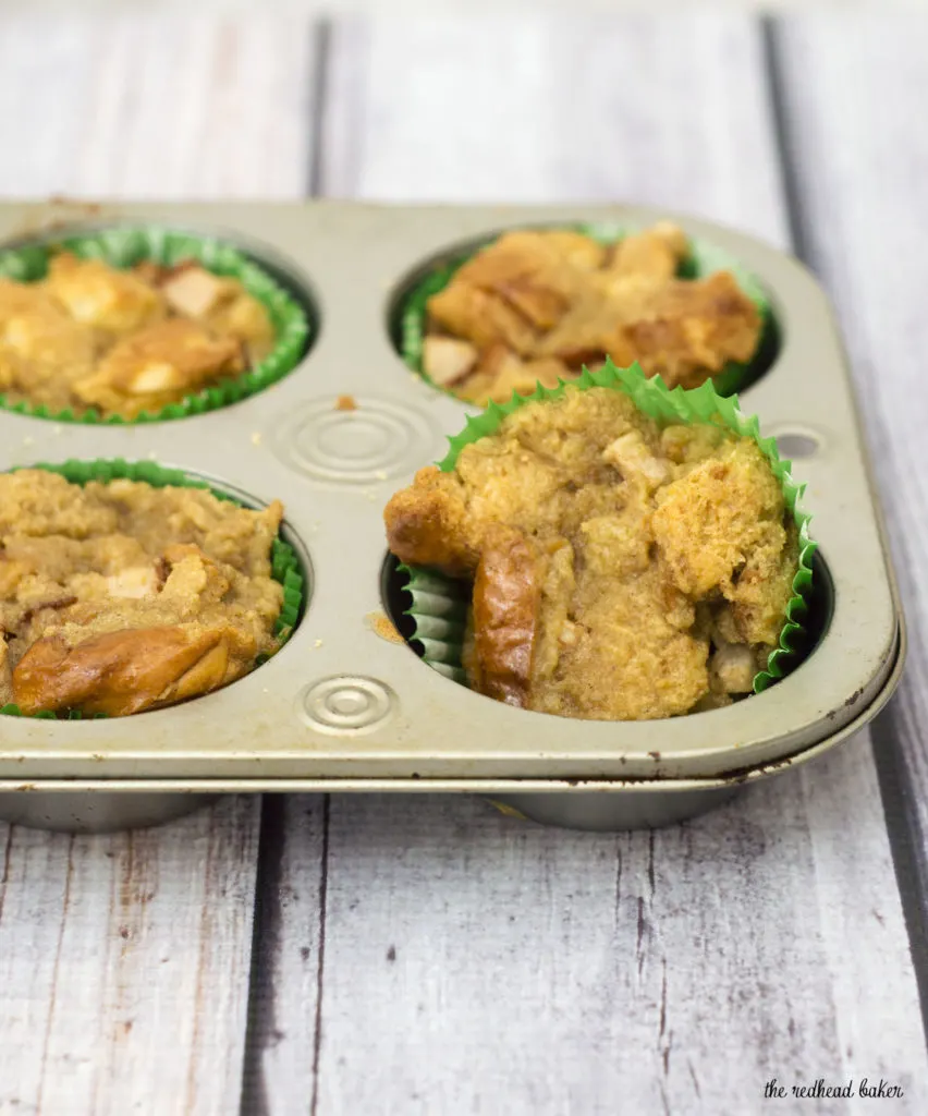 Vanilla-pear bread pudding baked in muffin tins are an easy, delicious, portion-controlled dessert. Serve warm with a drizzle of white chocolate sauce.