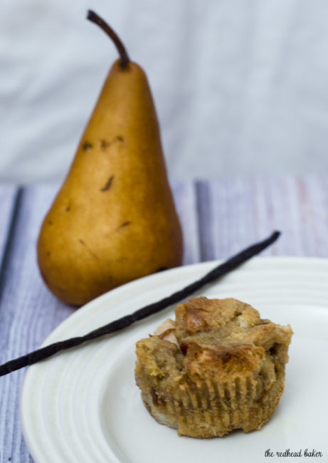 Vanilla-pear bread pudding baked in muffin tins are an easy, delicious, portion-controlled dessert. Serve warm with a drizzle of white chocolate sauce.