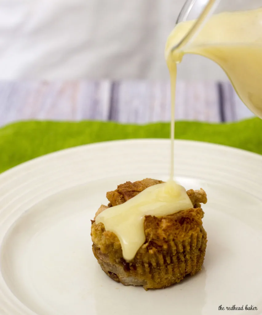 Vanilla-pear bread pudding baked in muffin tins are an easy, delicious, portion-controlled dessert. Serve warm with a drizzle of white chocolate sauce.