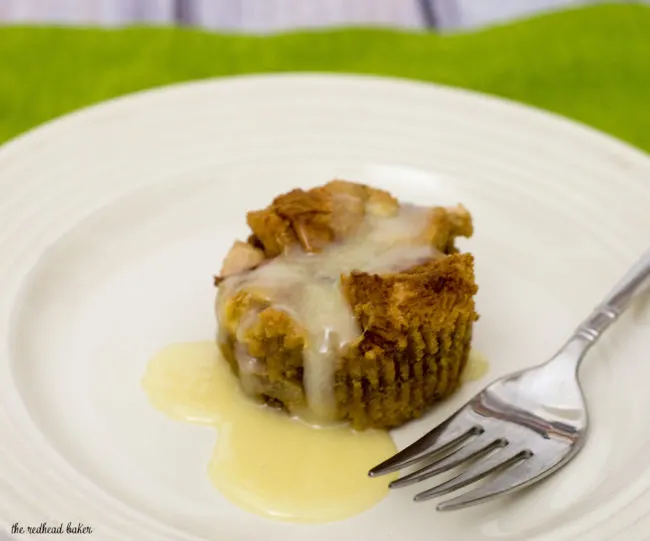 Vanilla-pear bread pudding baked in muffin tins are an easy, delicious, portion-controlled dessert. Serve warm with a drizzle of white chocolate sauce.