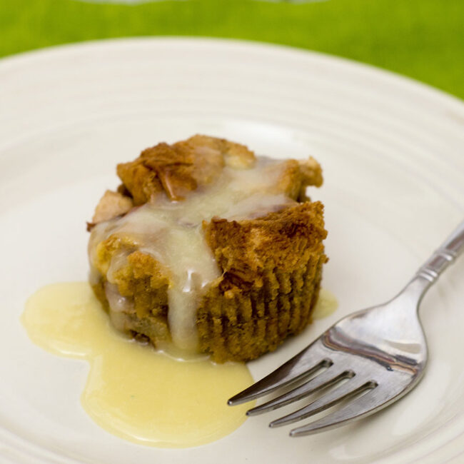 Vanilla-pear bread pudding baked in muffin tins are an easy, delicious, portion-controlled dessert. Serve warm with a drizzle of white chocolate sauce.