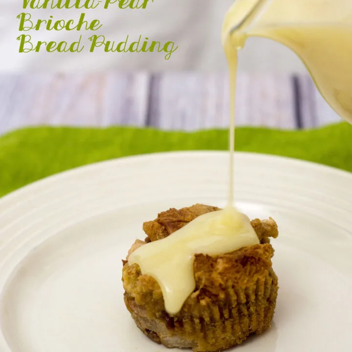 Vanilla-pear bread pudding baked in muffin tins are an easy, delicious, portion-controlled dessert. Serve warm with a drizzle of white chocolate sauce.