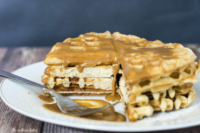 Like the Mexican pastry, churro waffles are coated in cinnamon sugar and drizzled with dulce de leche sauce. Enjoy for breakfast or dessert! #SundaySupper