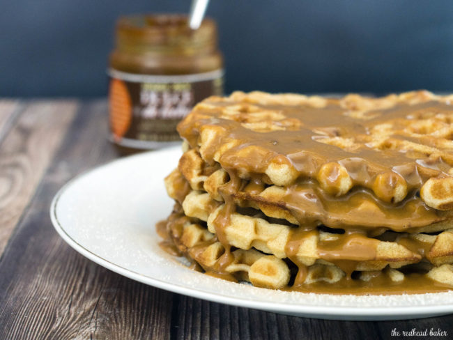 Like the Mexican pastry, churro waffles are coated in cinnamon sugar and drizzled with dulce de leche sauce. Enjoy for breakfast or dessert! #SundaySupper