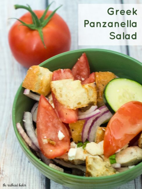 Greek Panzanella Salad is a perfect summer weeknight meal that combines tomato, red onion, cucumber, chicken and toasted bread with a homemade vinaigrette. The Redhead Baker.com