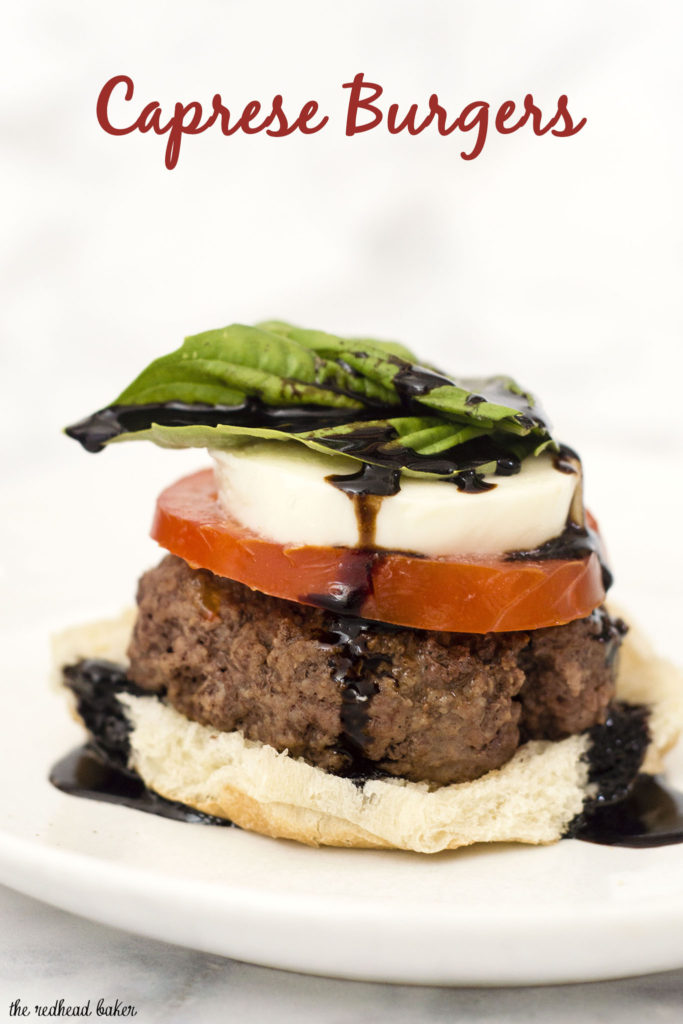 Caprese burgers are topped with the classic flavors of caprese — tomato, basil, mozzarella, and a balsamic reduction sauce. #SundaySupper