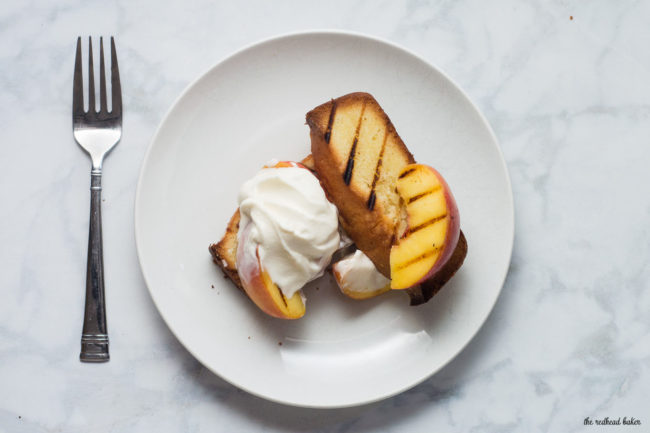 Grilled poundcake with peaches and mascarpone is a delicious summer dessert made right on the grill, the perfect ending to your cookout. #ProgressiveEats