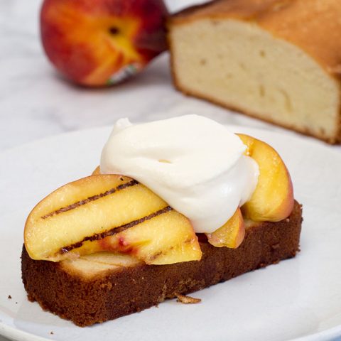 Grilled poundcake with peaches and mascarpone is a delicious summer dessert made right on the grill, the perfect ending to your cookout. #ProgressiveEats