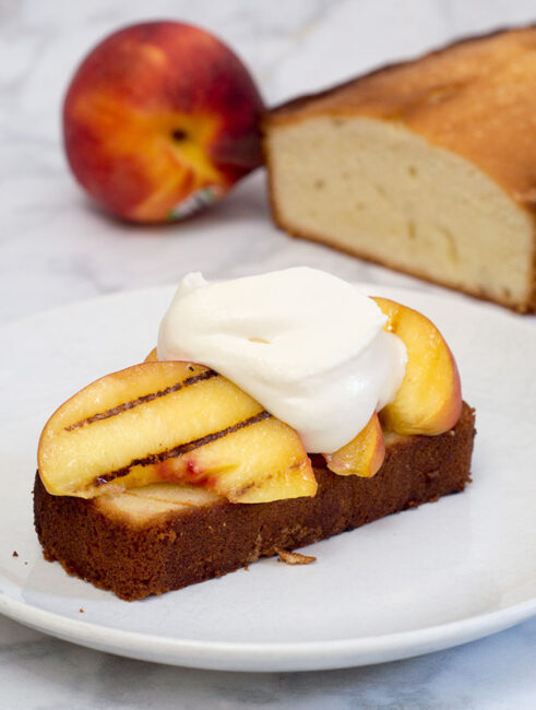 Grilled poundcake with peaches and mascarpone is a delicious summer dessert made right on the grill, the perfect ending to your cookout. #ProgressiveEats