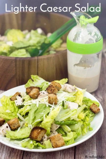 Lighter Caesar salad is delicious, and light on the calories. This version replaces most of the oil and the egg yolks in the dressing with fat-free Greek yogurt, making it creamy, but healthier.