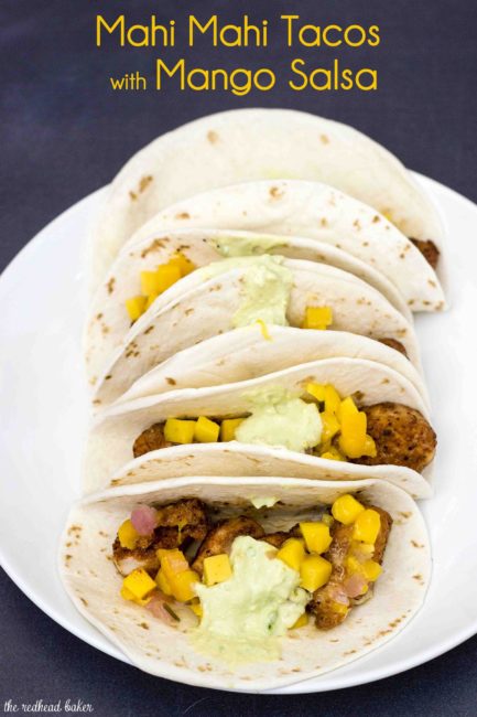 Mahi mahi tacos with mango salsa and avocado crema are a delicious, easy weeknight meal with lots of spice and summer flavor.