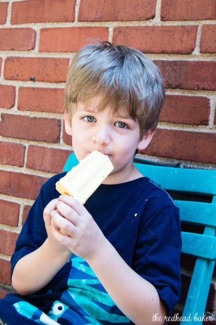 Mango creamsicles have only three ingredients, and are so easy to make! They're my son's favorite treat on a hot summer day. #SundaySupper