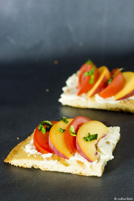 Tomato-peach flatbread is the perfect summer appetizer. You can't beat fresh summer tomatoes and peaches, plus no cooking required! #CLBlogger Recipe at TheRedheadBaker.com