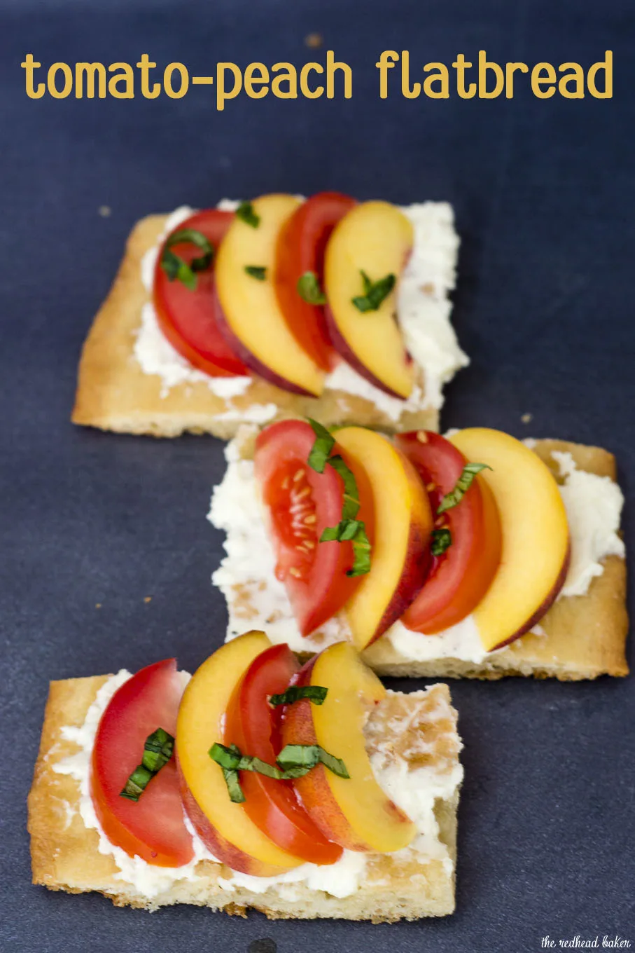 Tomato-peach flatbread is the perfect summer appetizer. You can't beat fresh summer tomatoes and peaches, plus no cooking required! #CLBlogger Recipe at TheRedheadBaker.com
