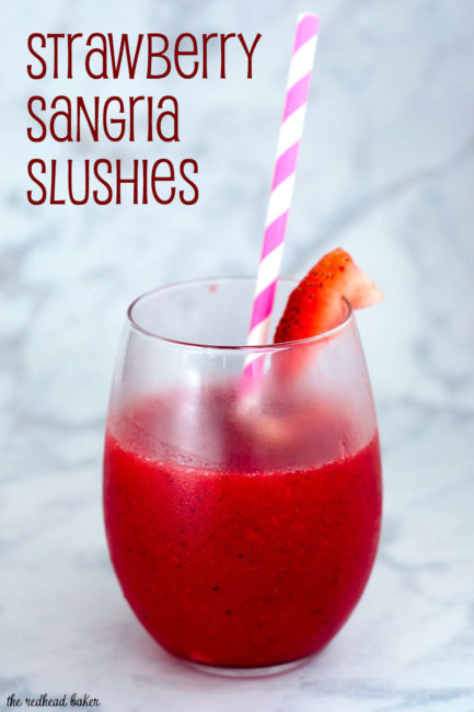 Strawberry sangria slushies are fun frozen cocktail — white wine blends with frozen strawberries and triple sec for a delicious summer treat!