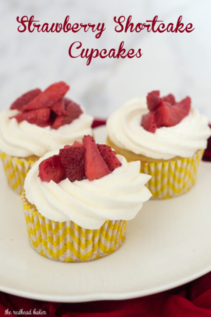 Strawberry shortcake cupcakes are an easy dessert that kids and adults alike will enjoy. Vanilla cupcakes are topped with whipped cream and strawberries.