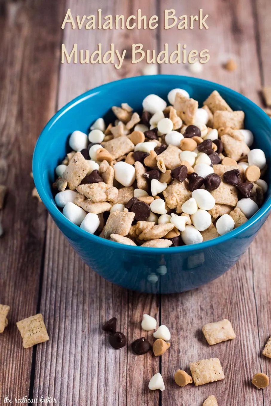 Avalanche Bark Muddy Buddies combine Chex cereal, peanut butter, white chocolate, semisweet chocolate and marshmallows in an addictive snack!