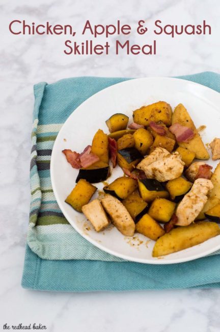 This apple, squash and chicken skillet meal is perfect for busy weeknights: ready in under 30 minutes, and only one pan to wash! #SundaySupper