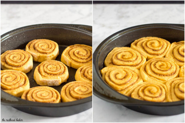 Pumpkin cinnamon rolls are a delicious way to start a fall morning! Sweet dough is flavored with pumpkin, rolled with a cinnamon filling, and topped with cream cheese drizzle. #PumpkinWeek