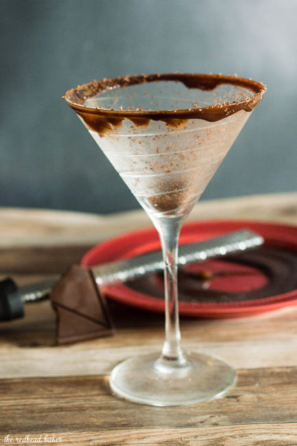 Chocoholics will love this chocolate martini, with chocolate liqueur and creme de cacao, and a double-chocolate coated martini glass rim. #Choctoberfest