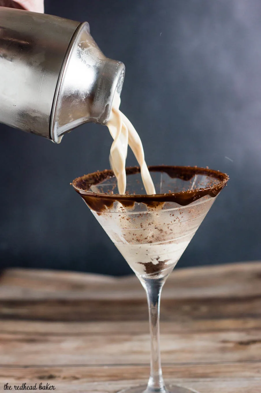 Chocoholics will love this chocolate martini, with chocolate liqueur and creme de cacao, and a double-chocolate coated martini glass rim. #Choctoberfest