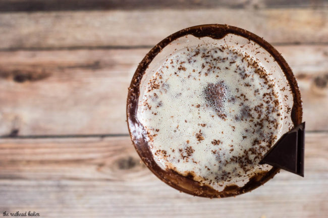 Chocoholics will love this chocolate martini, with chocolate liqueur and creme de cacao, and a double-chocolate coated martini glass rim. #Choctoberfest