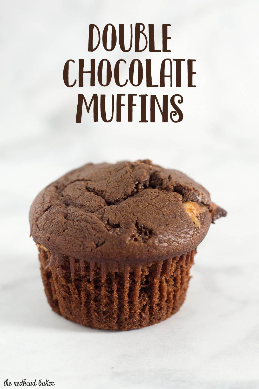 Double chocolate muffins pack a double punch -- rich semisweet chocolate in the muffin batter, and white chocolate chips mixed in. Are they for breakfast or dessert? You decide! #Choctoberfest