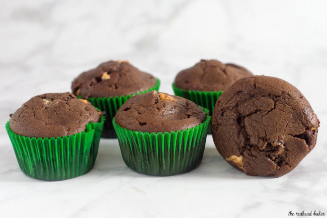 Double chocolate muffins pack a double punch -- rich semisweet chocolate in the muffin batter, and white chocolate chips mixed in. Are they for breakfast or dessert? You decide! #Choctoberfest