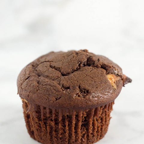 Double chocolate muffins pack a double punch -- rich semisweet chocolate in the muffin batter, and white chocolate chips mixed in. Are they for breakfast or dessert? You decide! #Choctoberfest